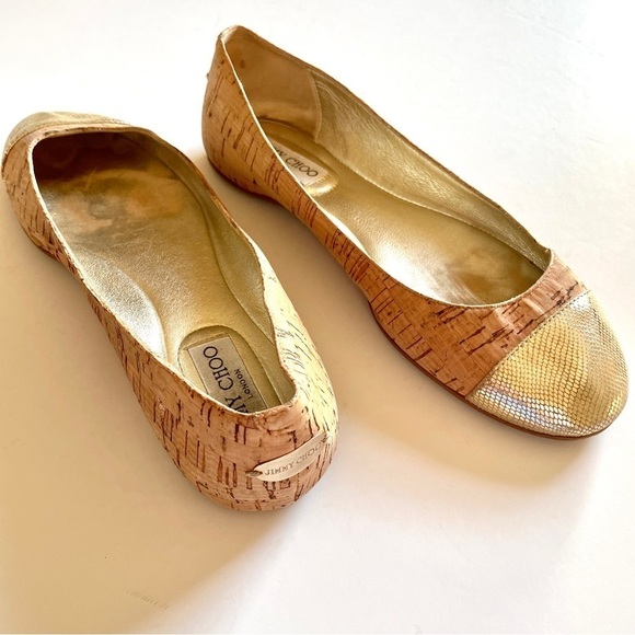 Jimmy Choo Whirl Cork Gold Leather Cap Ballet Flats - Picture 2 of 15